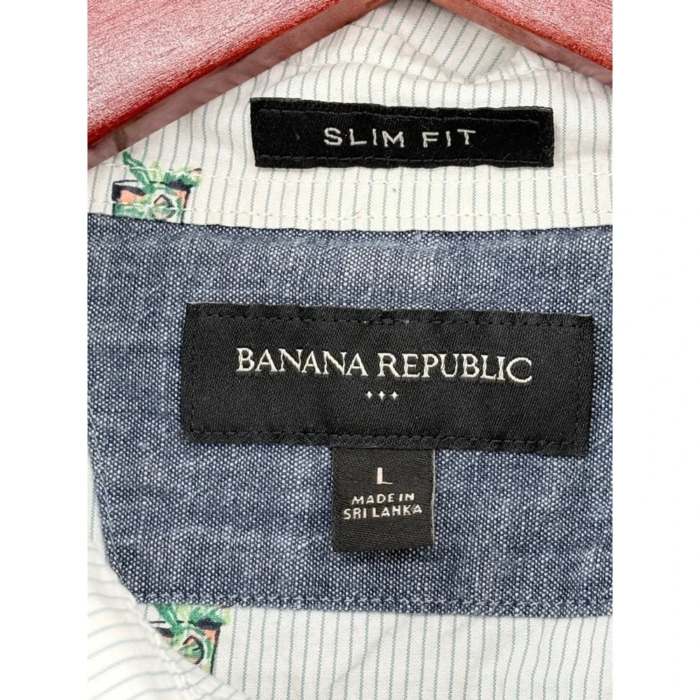 Banana Republic Mens Cocktail Embroidered Pinstripe Shirt L Blue Slim Fit Summer